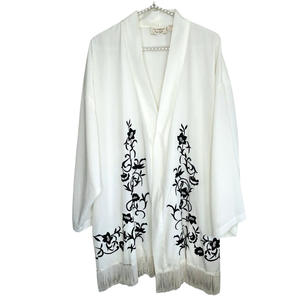 VTG Victoria Secret Kimono Robe M/L Y2k‎ Boho Fringe Embroidered Floral Silky